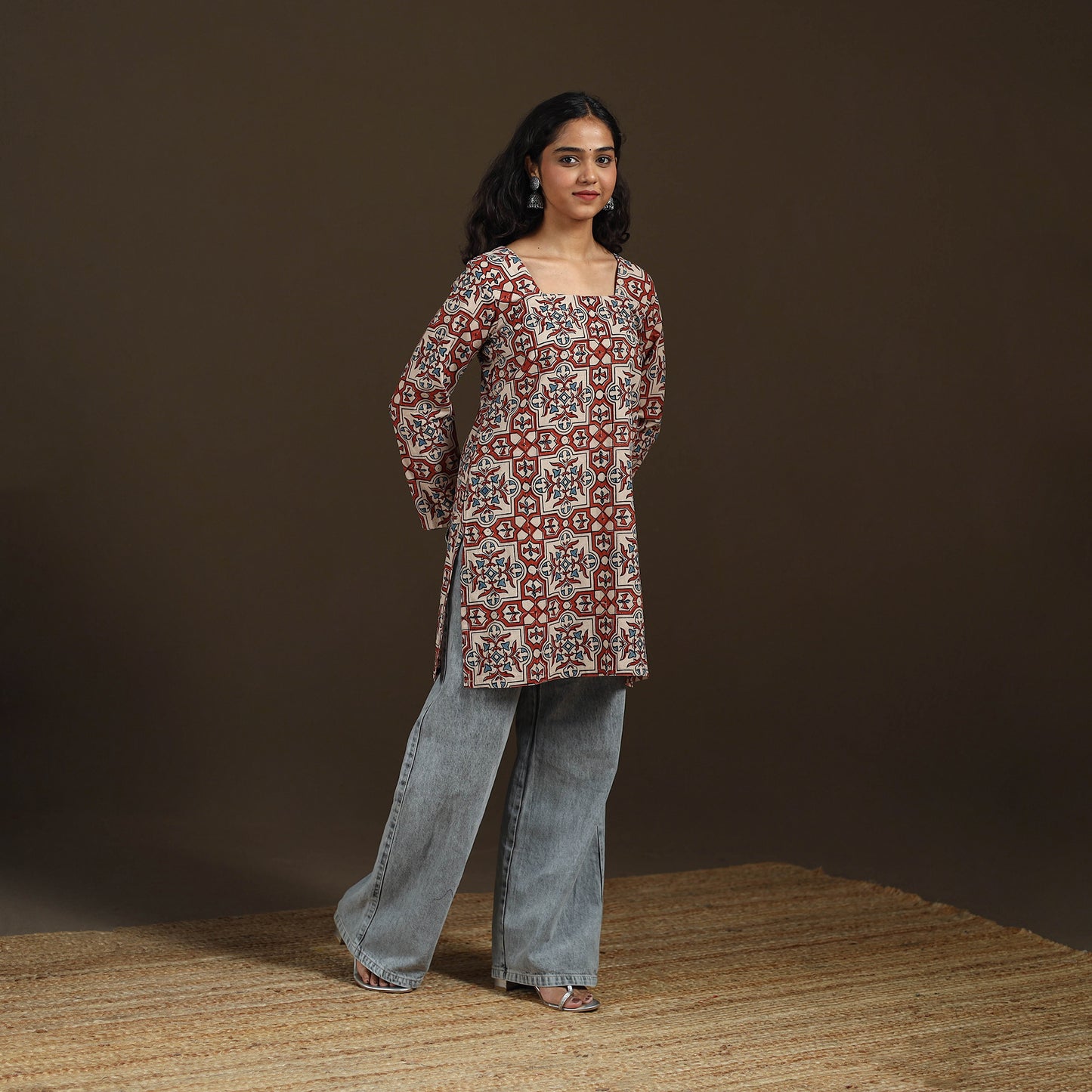 Ajrakh Hand Block Print Natural Dyed Cotton Full Sleeves Short Kurta for women 45