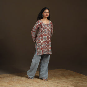Ajrakh Hand Block Print Natural Dyed Cotton Full Sleeves Short Kurta for women 45