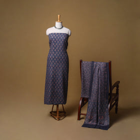 Woolen Ajrakh Hand Block Print Unstitched Dress Material: Kurta, Bottom with Dupatta 30