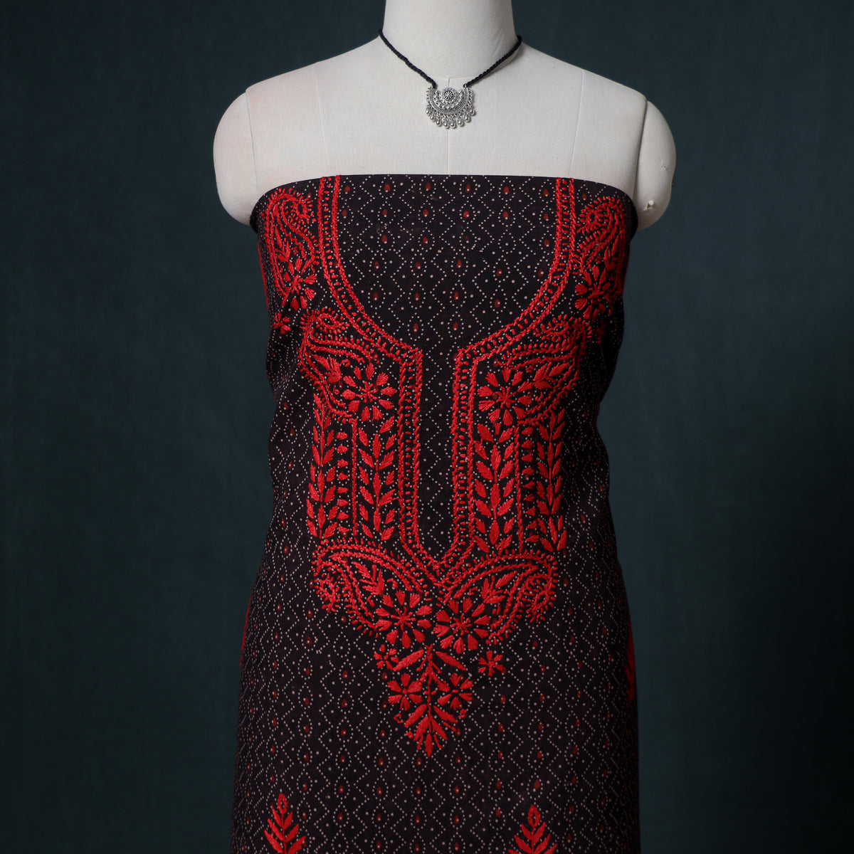 Lucknowi Chikankari Hand Work Unstitched Dress Material: Kurta & Dupatta with Jewellery 48