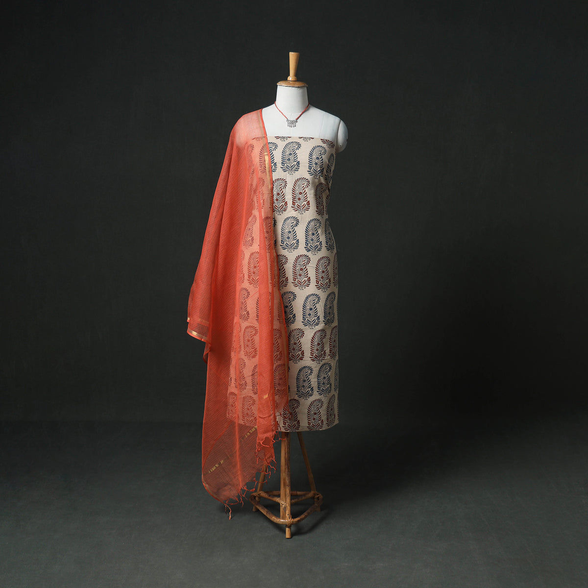 Ajrakh Block Print Natural Dyed Cotton Unstitched Dress Material: Kurta & Dupatta with Jewellery 10