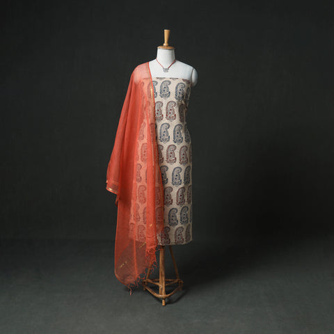 Ajrakh Block Print Natural Dyed Cotton Unstitched Dress Material: Kurta & Dupatta with Jewellery 10