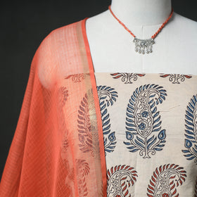 Ajrakh Block Print Natural Dyed Cotton Unstitched Dress Material: Kurta & Dupatta with Jewellery 10