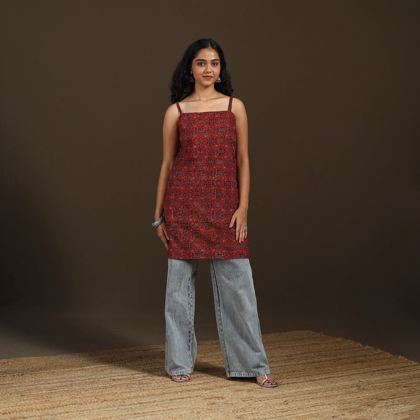 Ajrakh Hand Block Print Natural Dyed Cotton Sleeveless Short Kurta for women 47