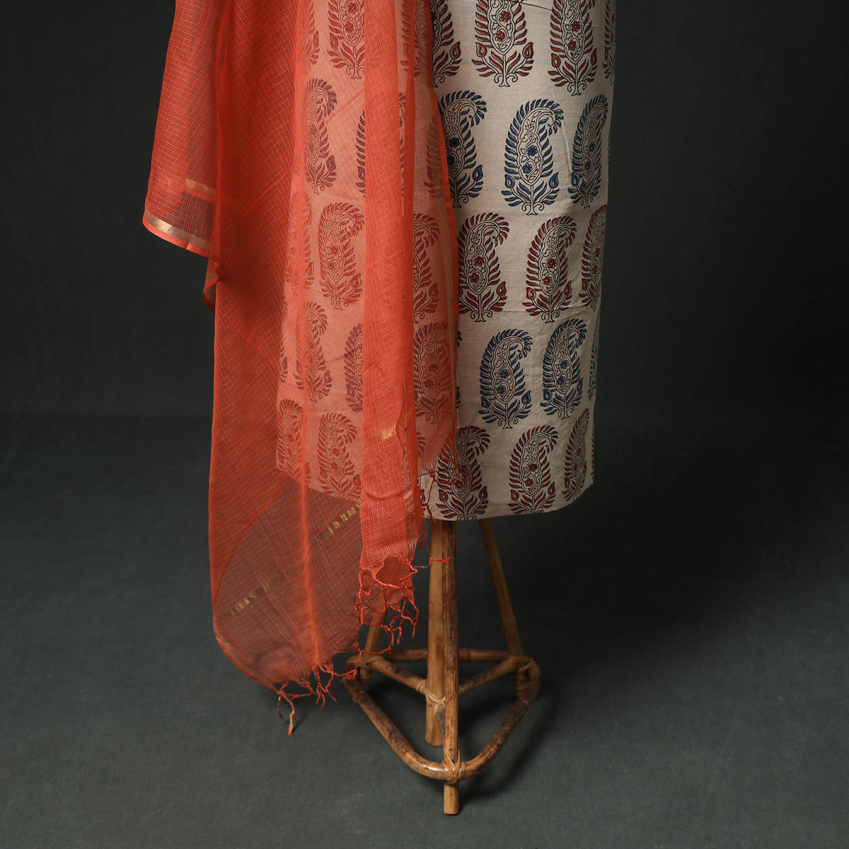 Ajrakh Block Print Natural Dyed Cotton Unstitched Dress Material: Kurta & Dupatta with Jewellery 10