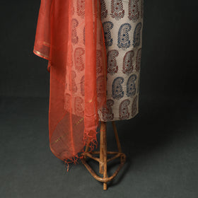 Ajrakh Block Print Natural Dyed Cotton Unstitched Dress Material: Kurta & Dupatta with Jewellery 10