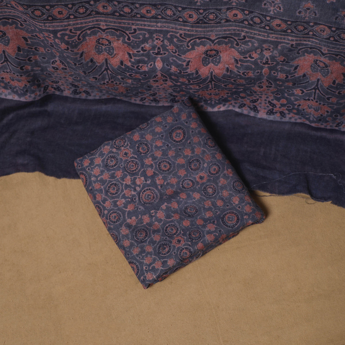 Woolen Ajrakh Hand Block Print Unstitched Dress Material: Kurta, Bottom with Dupatta 30