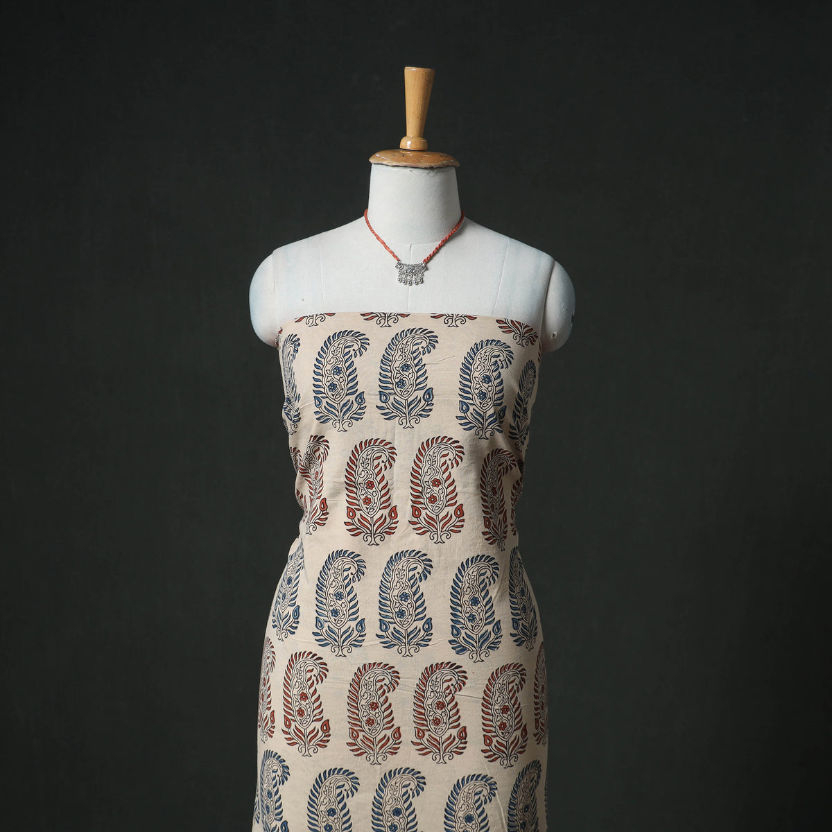 Ajrakh Block Print Natural Dyed Cotton Unstitched Dress Material: Kurta & Dupatta with Jewellery 10