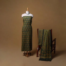 Woolen Ajrakh Hand Block Print Unstitched Dress Material: Kurta, Bottom with Dupatta 31
