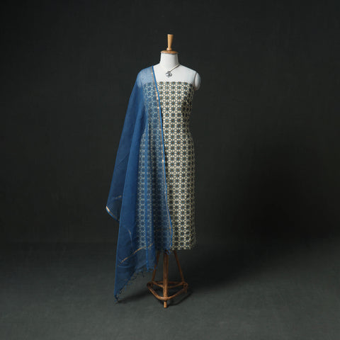 Ajrakh Block Print Natural Dyed Cotton Unstitched Dress Material: Kurta & Dupatta with Jewellery 11