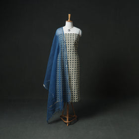 Ajrakh Block Print Natural Dyed Cotton Unstitched Dress Material: Kurta & Dupatta with Jewellery 11
