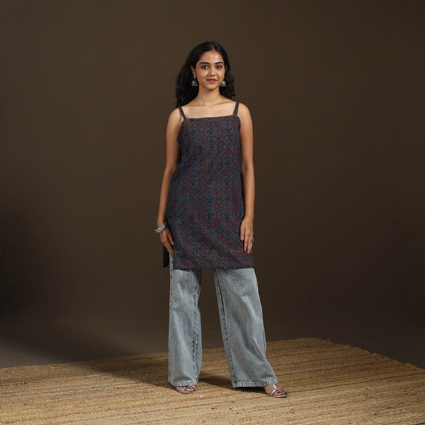 Ajrakh Hand Block Print Natural Dyed Cotton Sleeveless Short Kurta for women 49