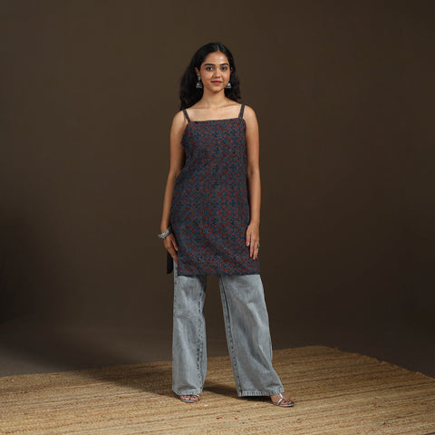 Ajrakh Hand Block Print Natural Dyed Cotton Sleeveless Short Kurta for women 49