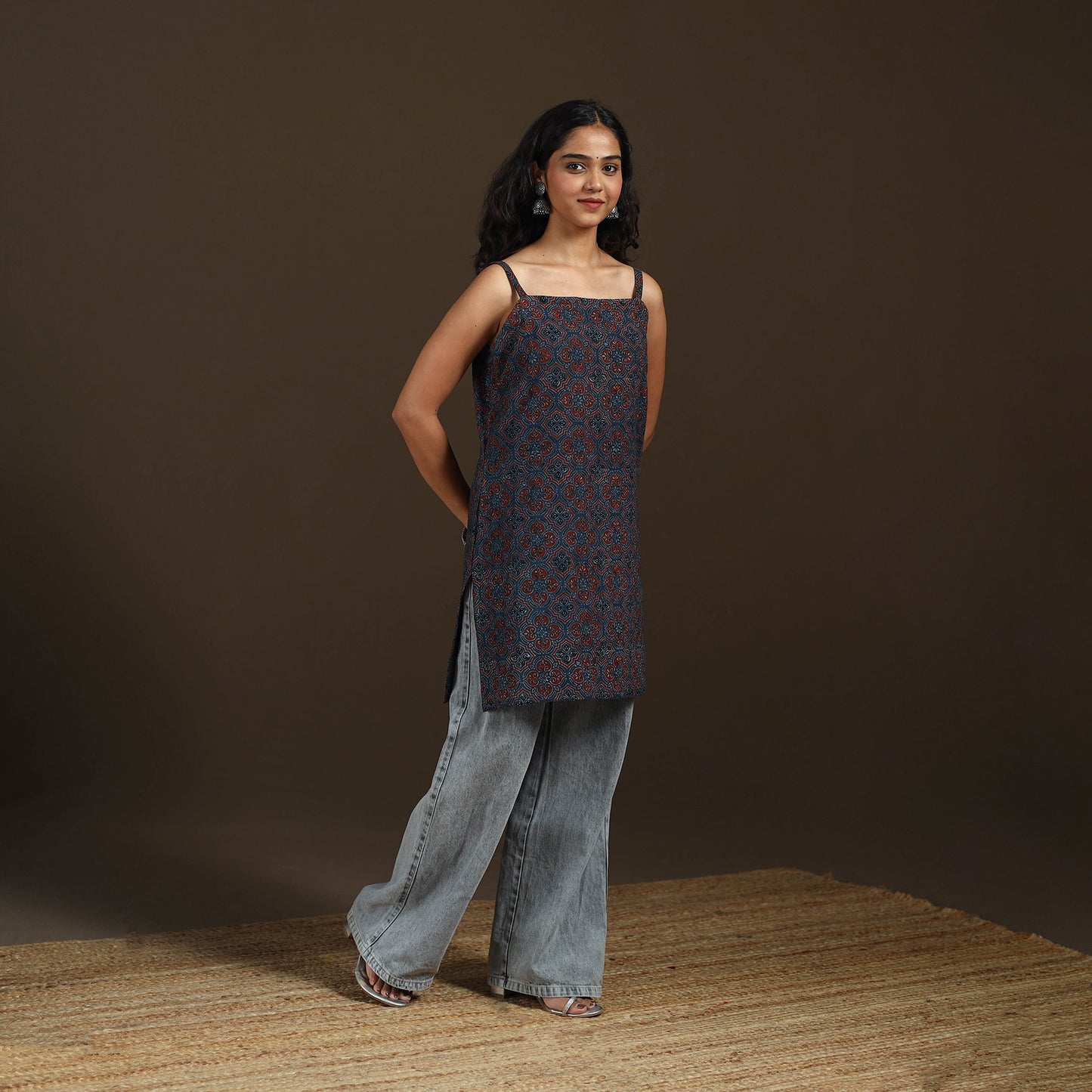 Ajrakh Hand Block Print Natural Dyed Cotton Sleeveless Short Kurta for women 49