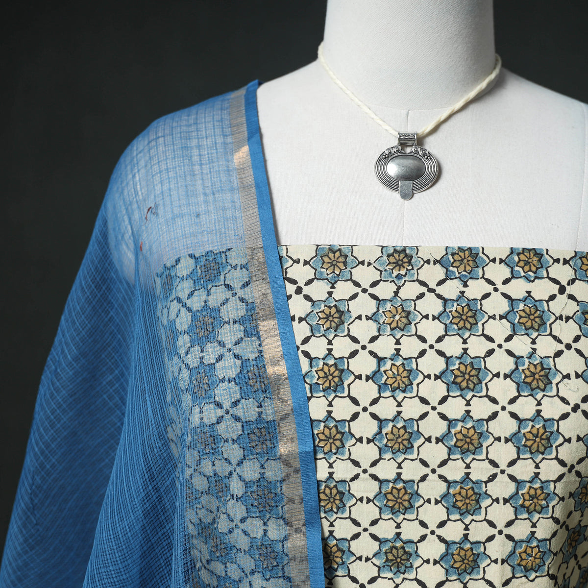 Ajrakh Block Print Natural Dyed Cotton Unstitched Dress Material: Kurta & Dupatta with Jewellery 11