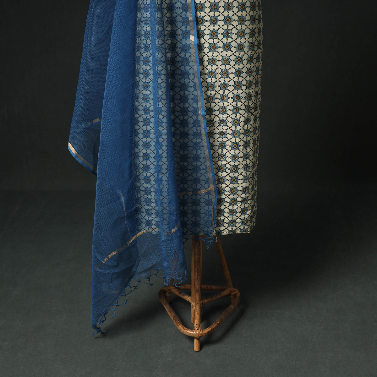 Ajrakh Block Print Natural Dyed Cotton Unstitched Dress Material: Kurta & Dupatta with Jewellery 11