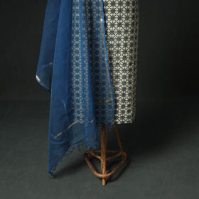 Ajrakh Block Print Natural Dyed Cotton Unstitched Dress Material: Kurta & Dupatta with Jewellery 11