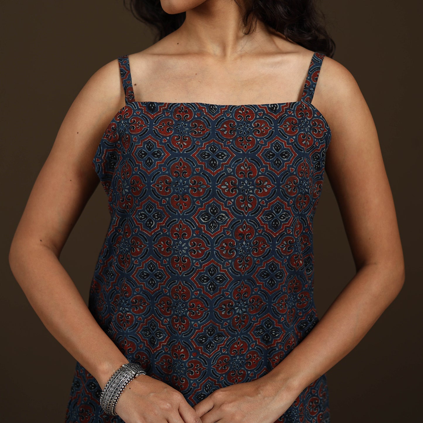 Ajrakh Hand Block Print Natural Dyed Cotton Sleeveless Short Kurta for women 49
