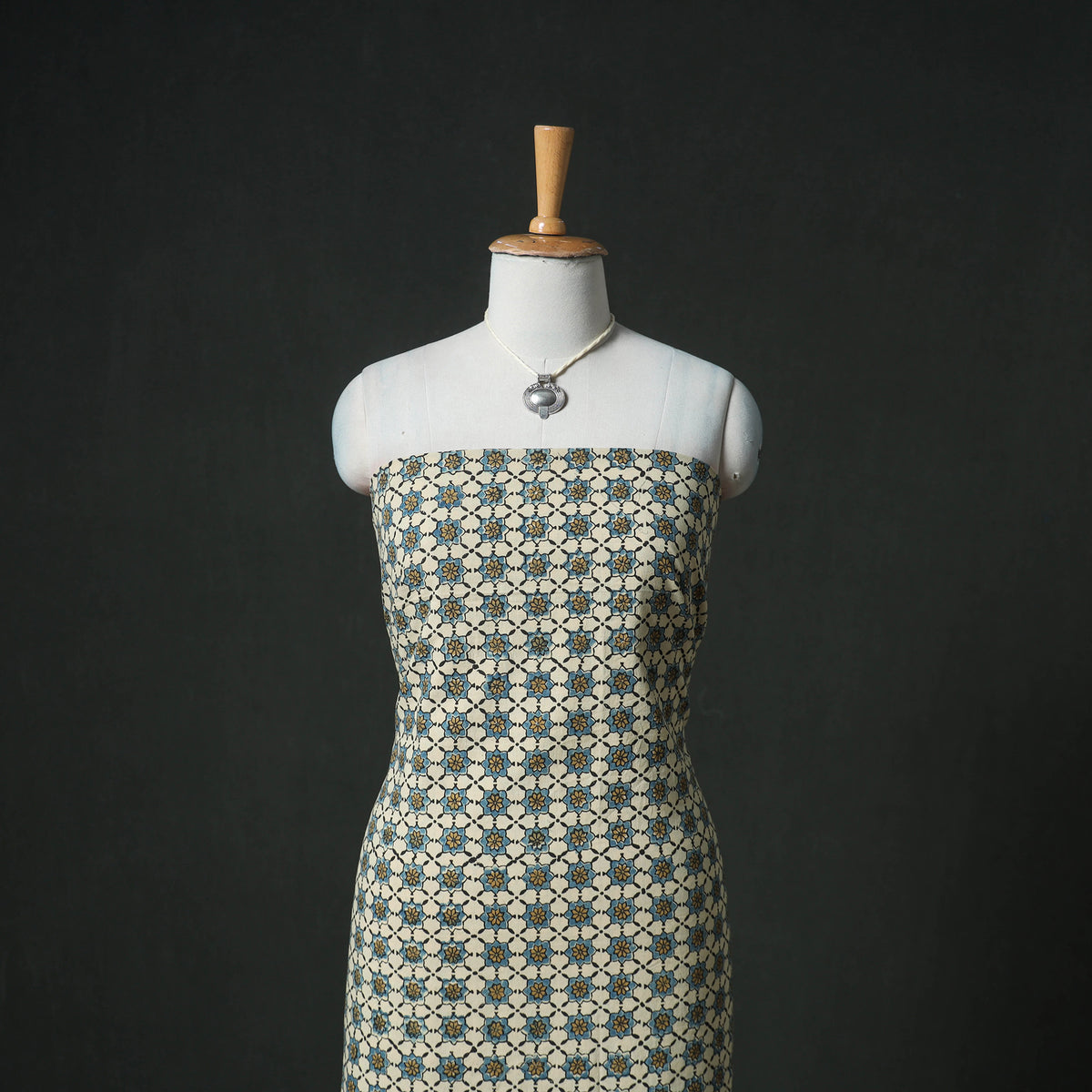 Ajrakh Block Print Natural Dyed Cotton Unstitched Dress Material: Kurta & Dupatta with Jewellery 11