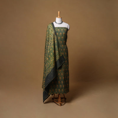Woolen Ajrakh Hand Block Print Unstitched Dress Material: Kurta, Bottom with Dupatta 31