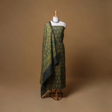 Woolen Ajrakh Hand Block Print Unstitched Dress Material: Kurta, Bottom with Dupatta 31