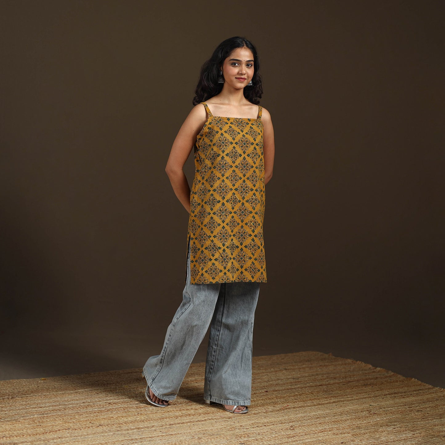 Ajrakh Hand Block Print Natural Dyed Cotton Sleeveless Short Kurta for women 50