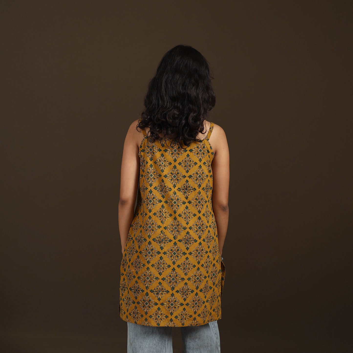 Ajrakh Hand Block Print Natural Dyed Cotton Sleeveless Short Kurta for women 50