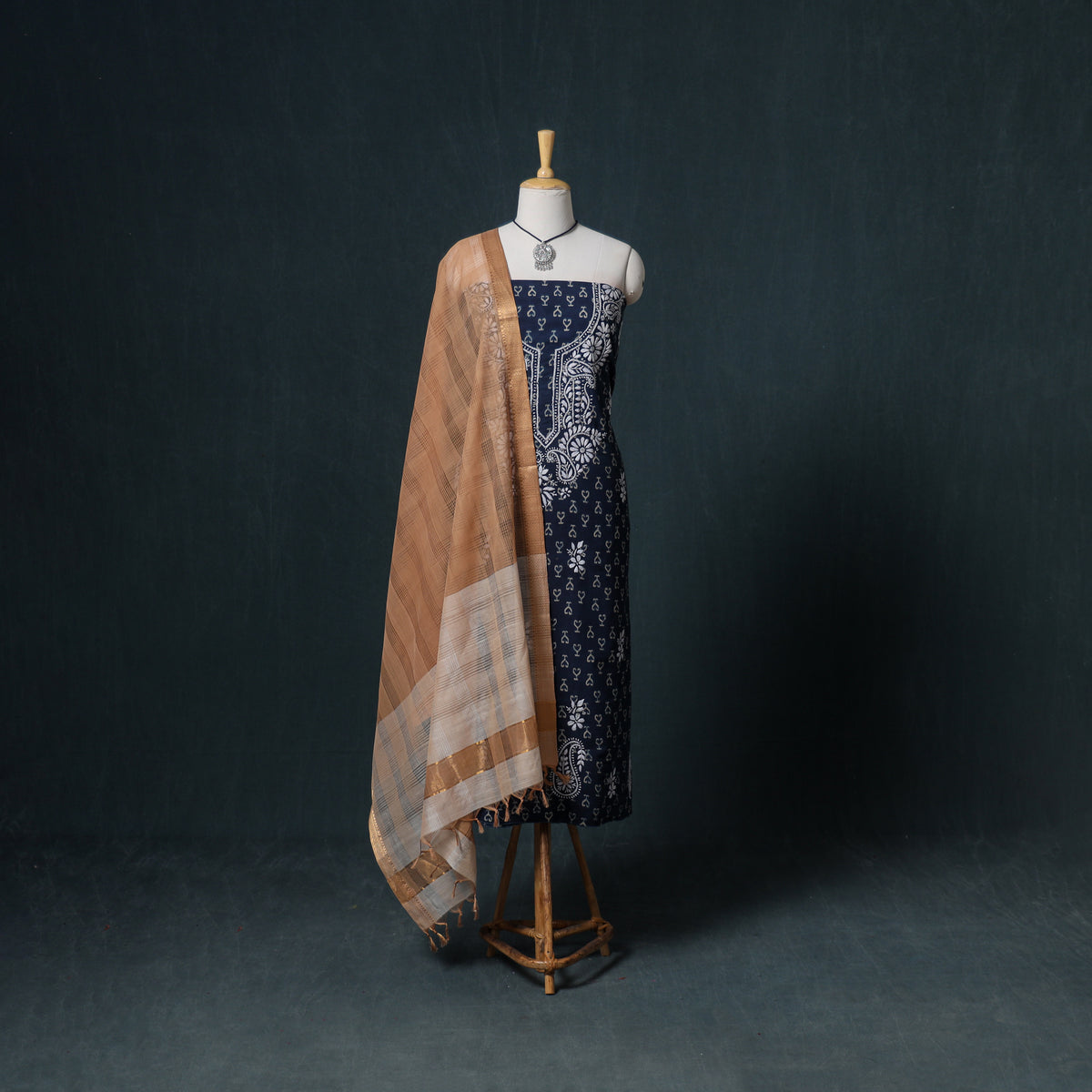 Lucknowi Chikankari Hand Work Unstitched Dress Material: Kurta & Dupatta with Jewellery 50