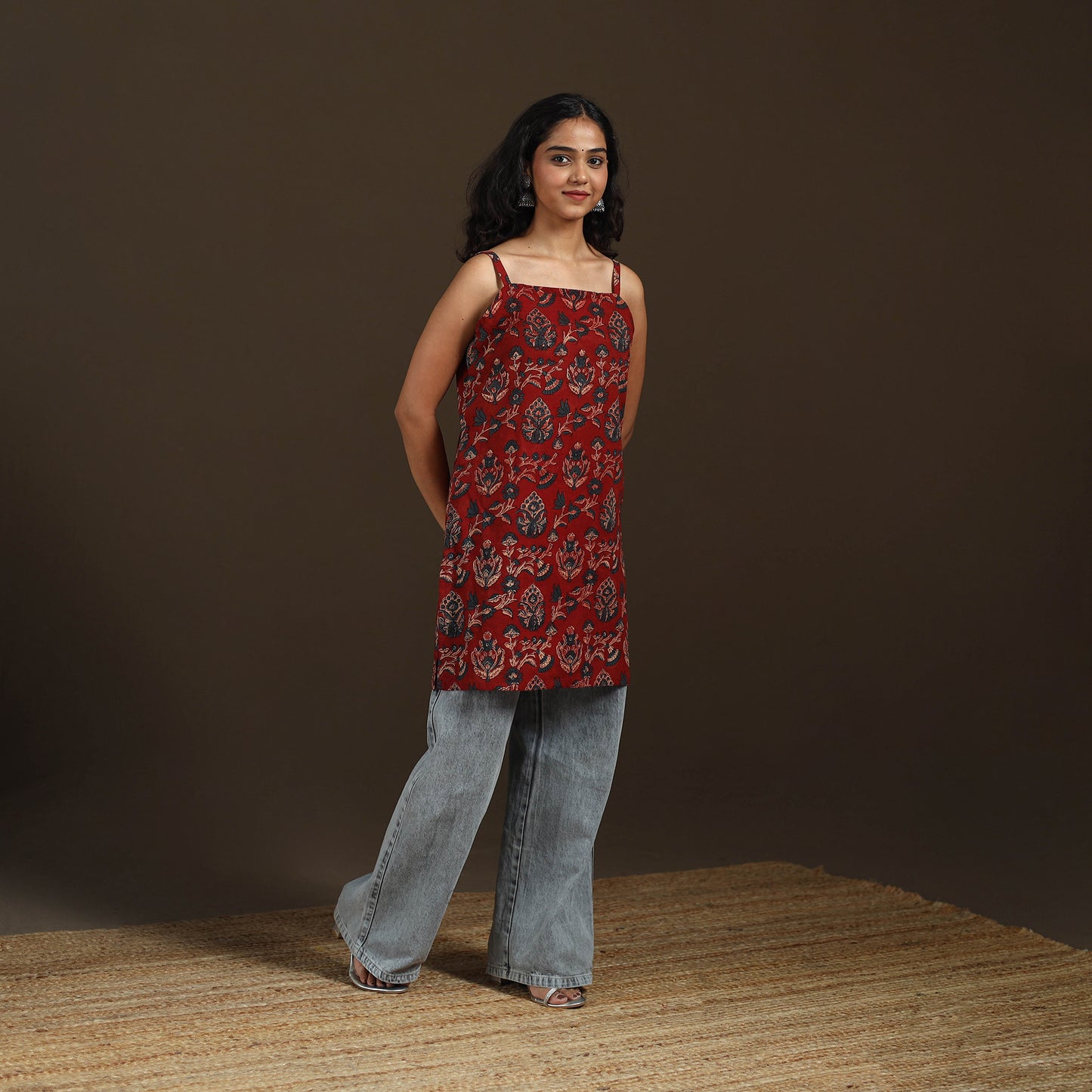 Ajrakh Hand Block Print Natural Dyed Cotton Sleeveless Short Kurta for women 48