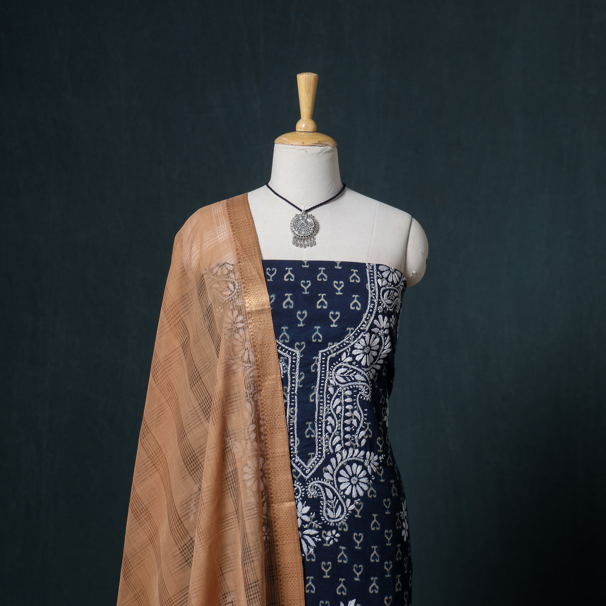 Lucknowi Chikankari Hand Work Unstitched Dress Material: Kurta & Dupatta with Jewellery 50