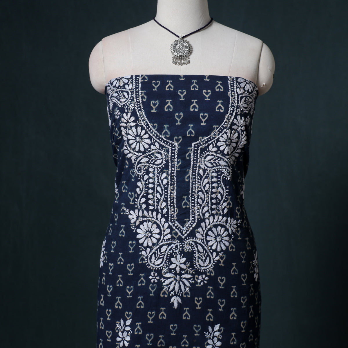 Lucknowi Chikankari Hand Work Unstitched Dress Material: Kurta & Dupatta with Jewellery 50