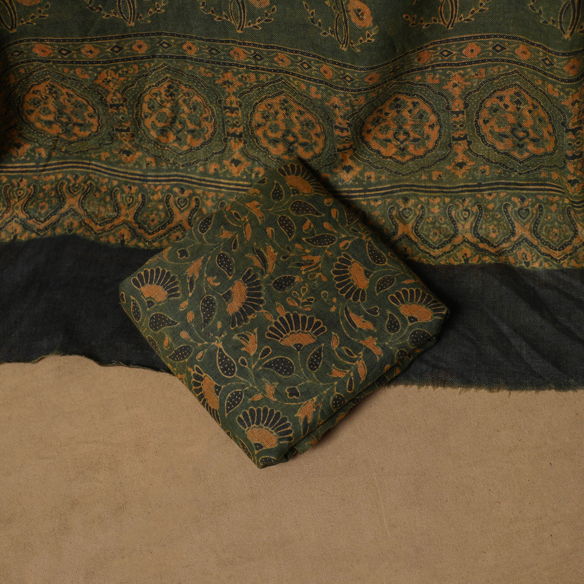 Woolen Ajrakh Hand Block Print Unstitched Dress Material: Kurta, Bottom with Dupatta 32