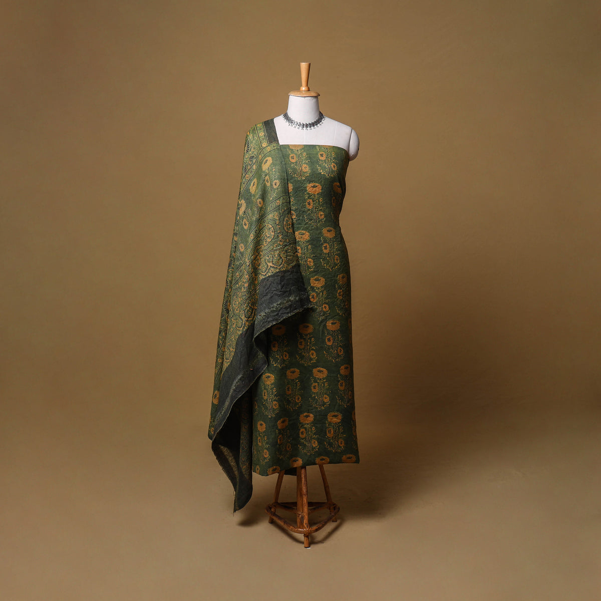Woolen Ajrakh Hand Block Print Unstitched Dress Material: Kurta, Bottom with Dupatta 32