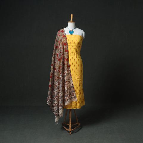 Pochampally Ikat Cotton Unstitched Dress Material: Kurta & Dupatta with Jewellery 13