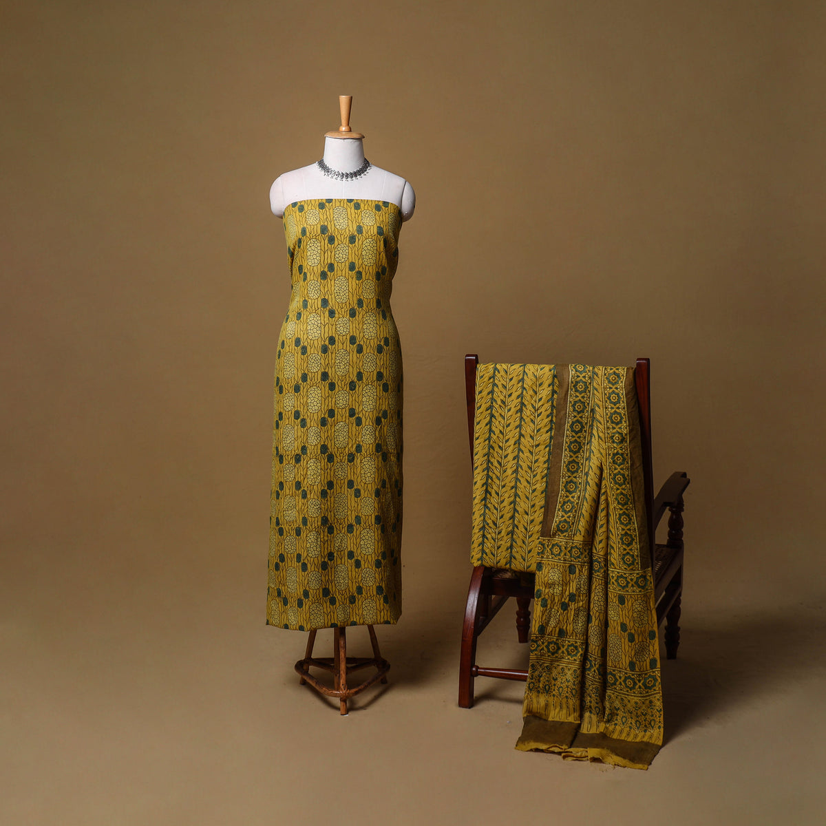 Woolen Ajrakh Hand Block Print Unstitched Dress Material: Kurta, Bottom with Dupatta 33
