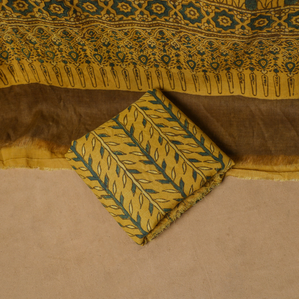 Woolen Ajrakh Hand Block Print Unstitched Dress Material: Kurta, Bottom with Dupatta 33