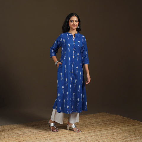 Blue - Pochampally Ikat Cotton A-Line Long Kurta for Women 03