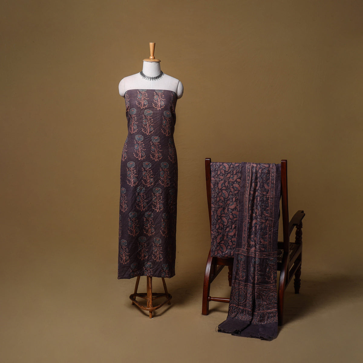 Woolen Ajrakh Hand Block Print Unstitched Dress Material: Kurta, Bottom with Dupatta 34
