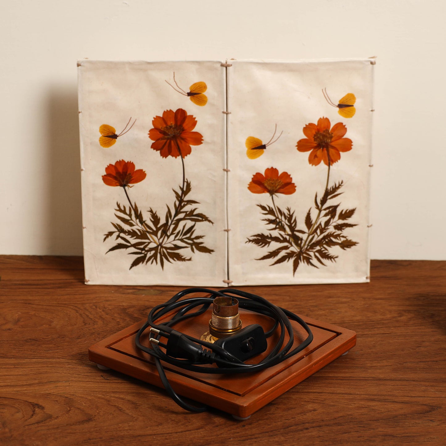 Cosmos Flower Art Work Lamp Shade with Wooden Base