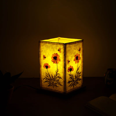 Cosmos Flower Art Work Lamp Shade with Wooden Base