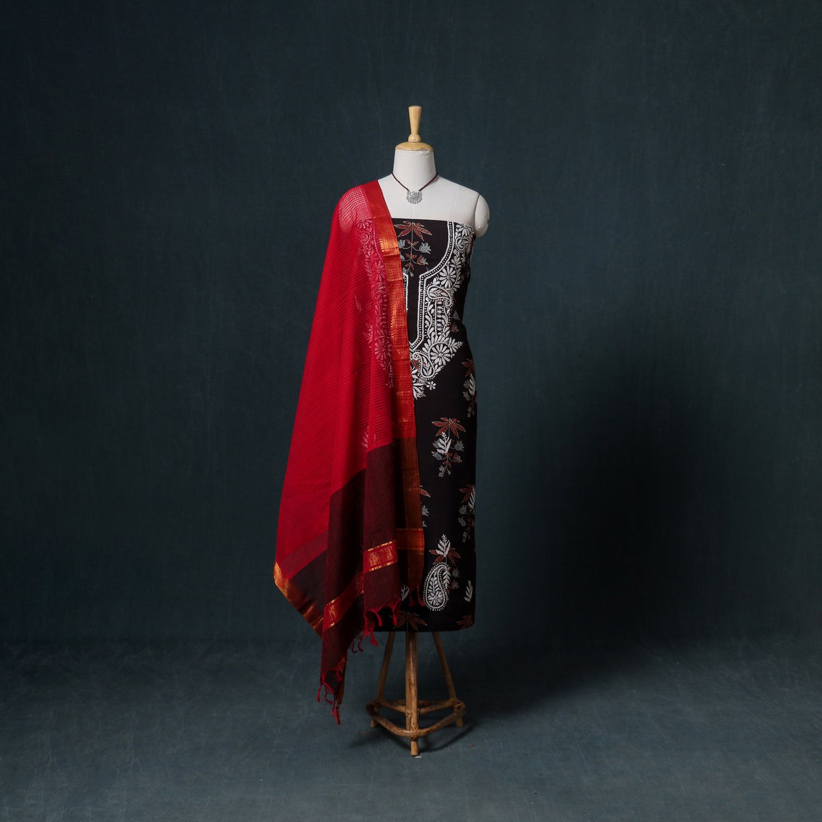 Lucknowi Chikankari Hand Work Unstitched Dress Material: Kurta & Dupatta with Jewellery 52