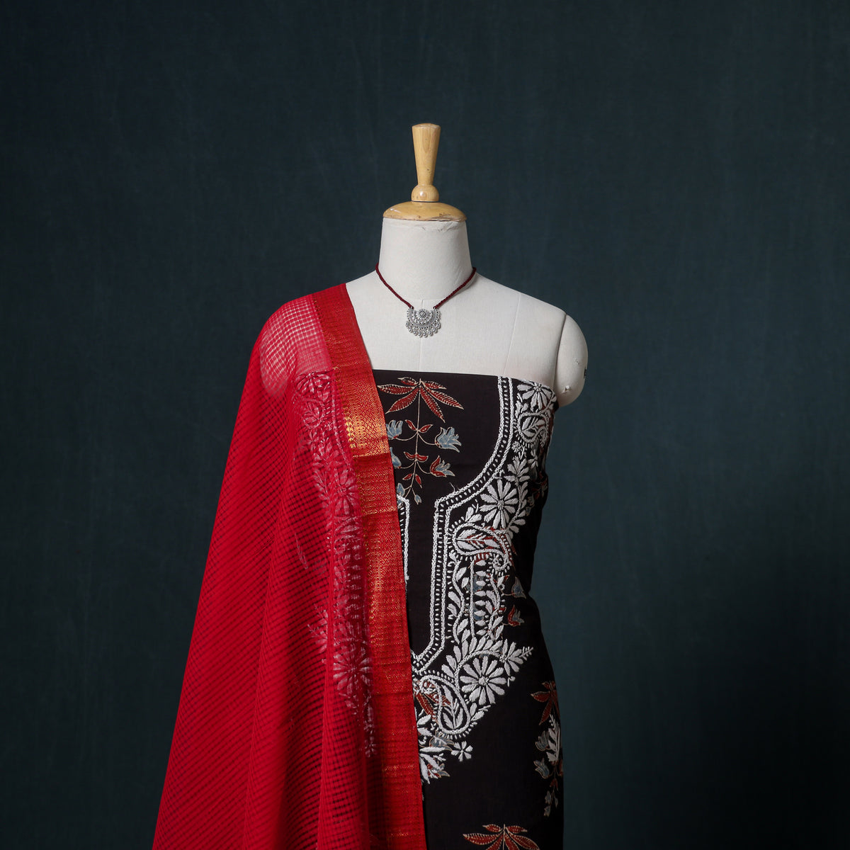 Lucknowi Chikankari Hand Work Unstitched Dress Material: Kurta & Dupatta with Jewellery 52