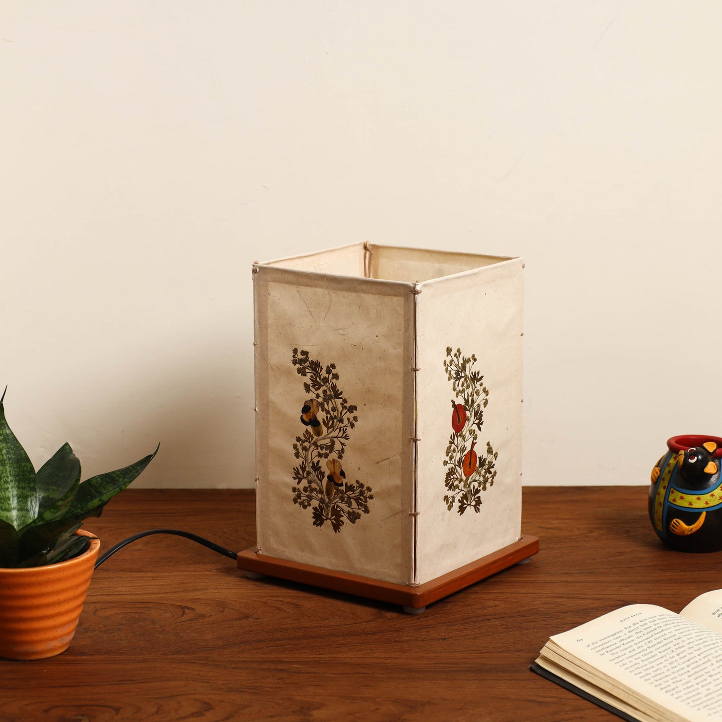 Flower Art Work Lamp Shade with Wooden Base