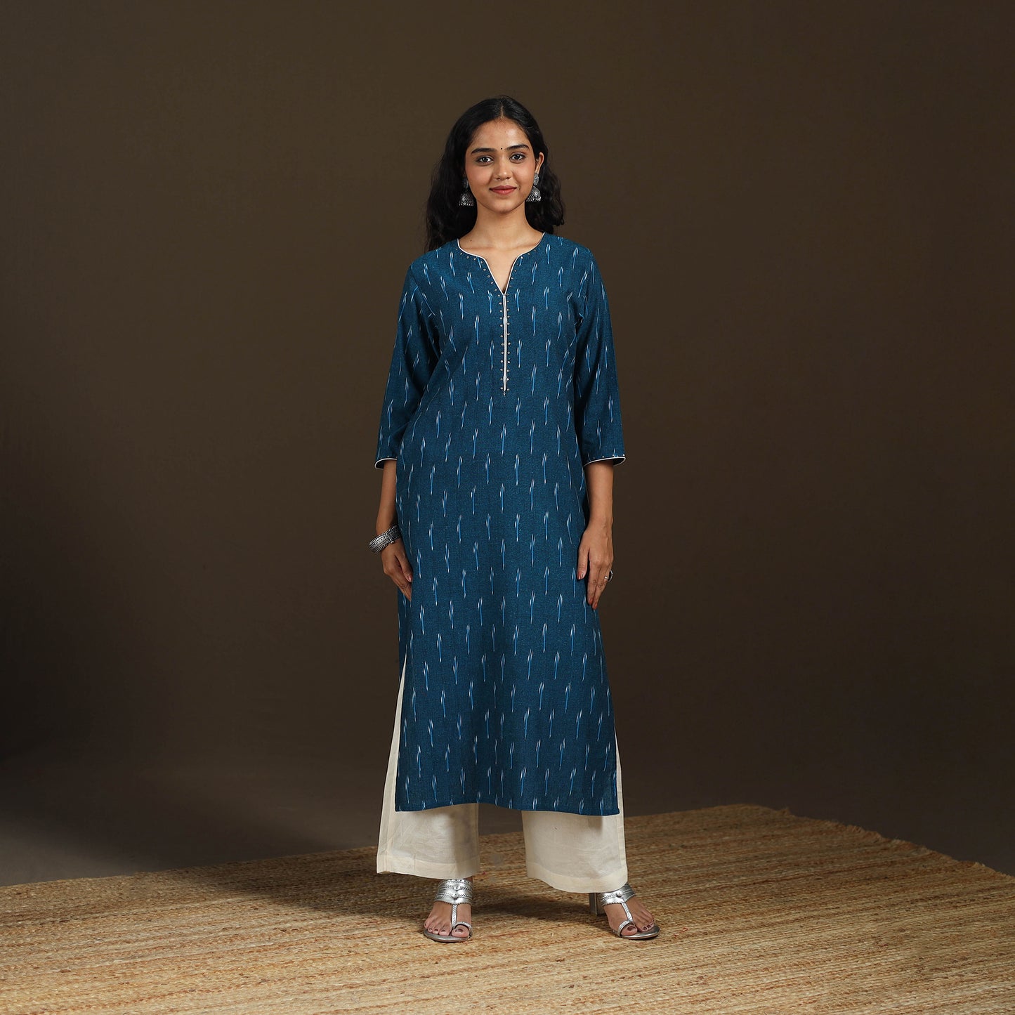 Sequin Work Pochampally Ikat Cotton Straight Long Kurta for Women 29