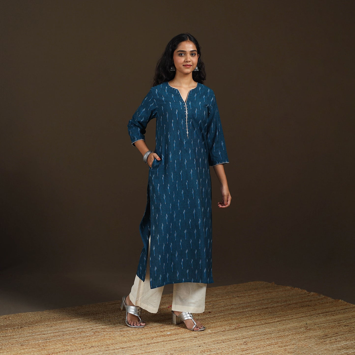Sequin Work Pochampally Ikat Cotton Straight Long Kurta for Women 29