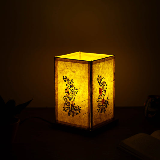 Flower Art Work Lamp Shade with Wooden Base