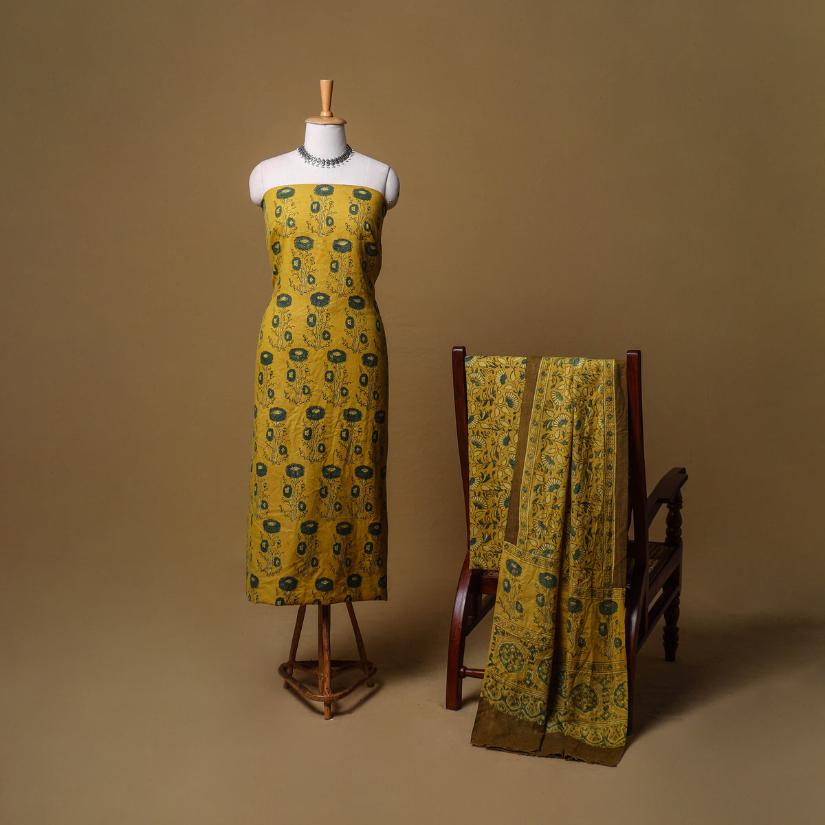 Woolen Ajrakh Hand Block Print Unstitched Dress Material: Kurta, Bottom with Dupatta 35