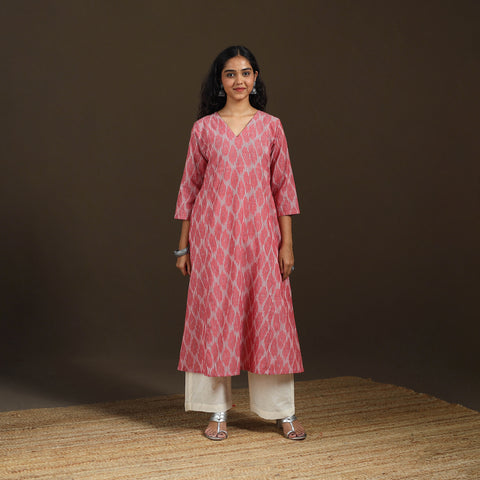 Pink - Pochampally Ikat Cotton A-Line Long Kurta for Women 09