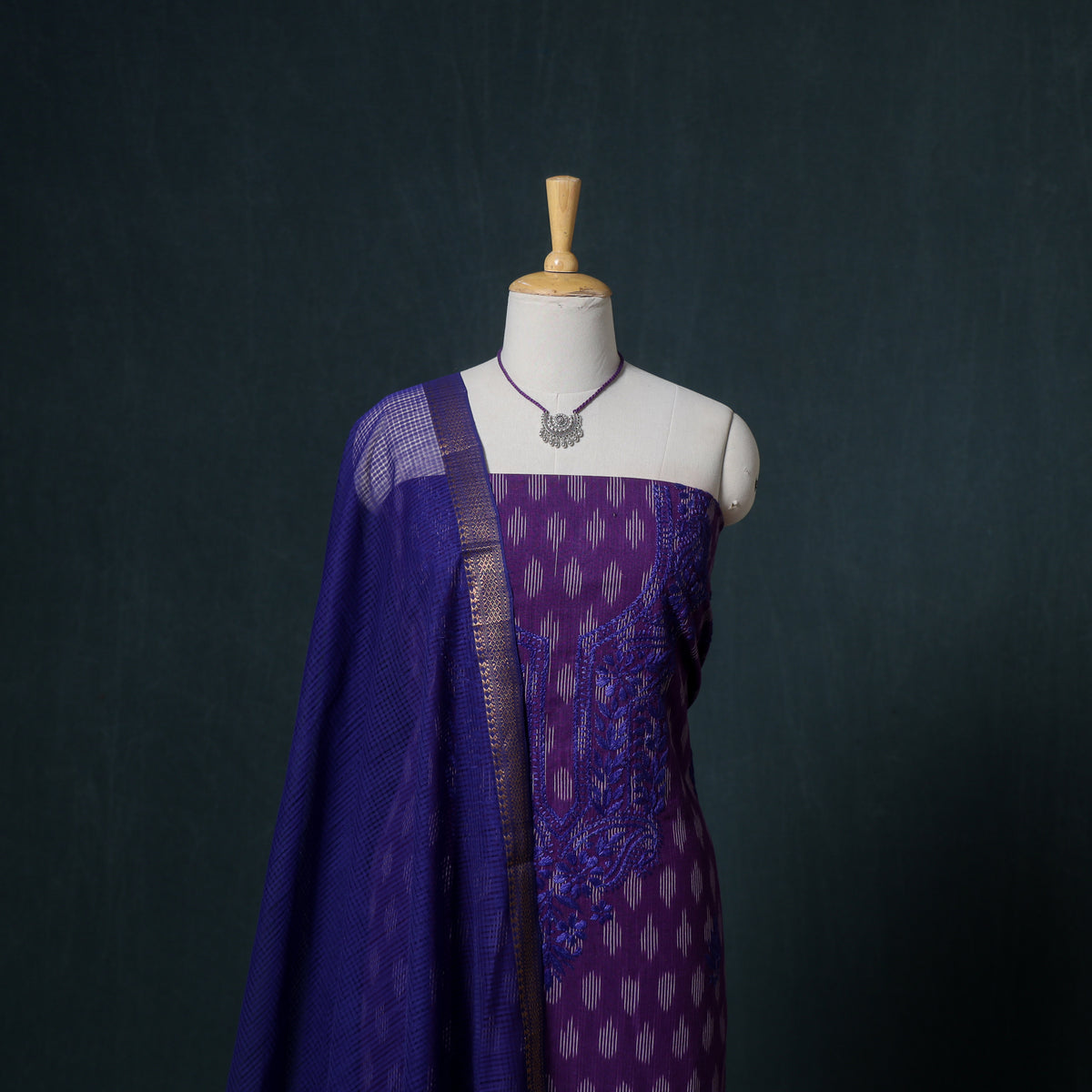 Lucknowi Chikankari Hand Work Unstitched Dress Material: Kurta & Dupatta with Jewellery 53
