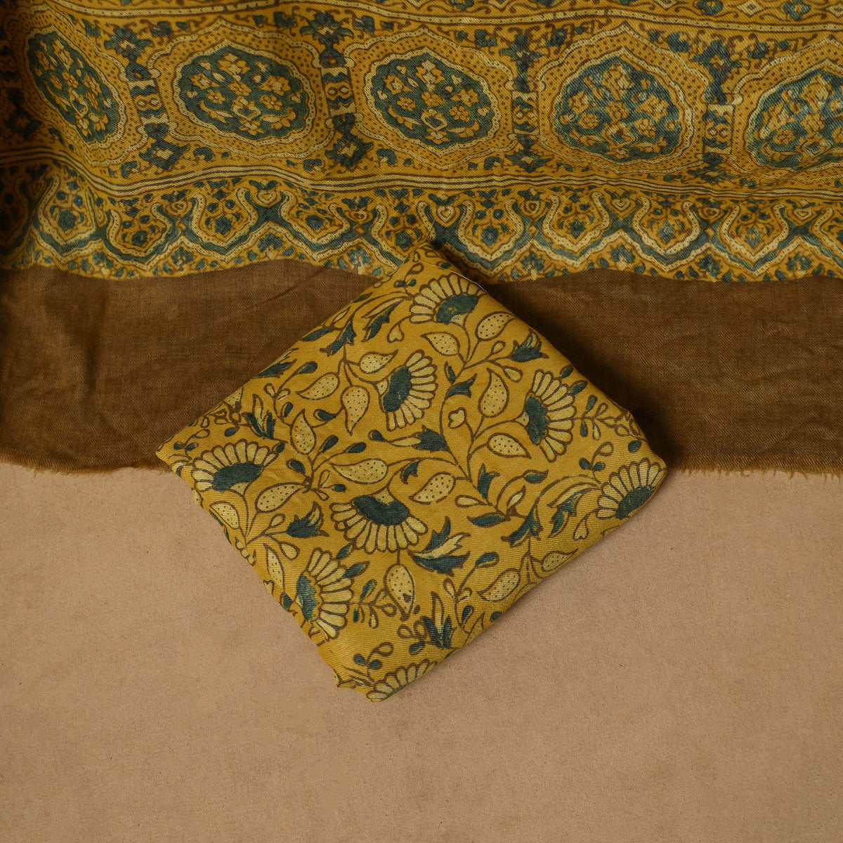 Woolen Ajrakh Hand Block Print Unstitched Dress Material: Kurta, Bottom with Dupatta 35
